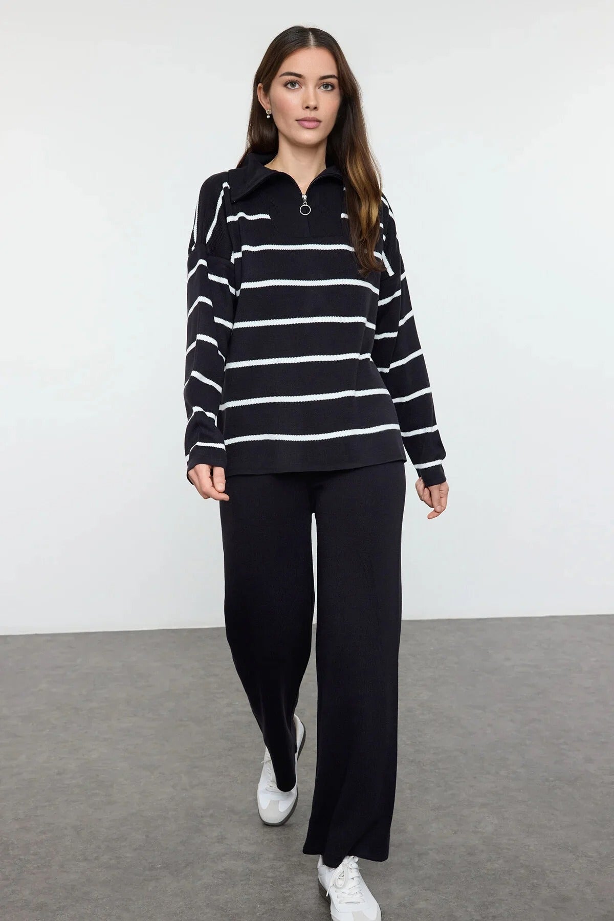 Charcoal Striped Knit Lounge Set | Relaxed Fit Pullover & Wide-Leg Pants | AtikaStyle