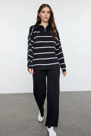 Charcoal Striped Knit Lounge Set | Relaxed Fit Pullover & Wide-Leg Pants | AtikaStyle