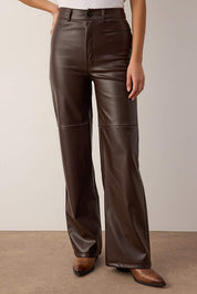 Brown Faux Leather Flare Pants | Relaxed Seam Detail | AtikaStyle