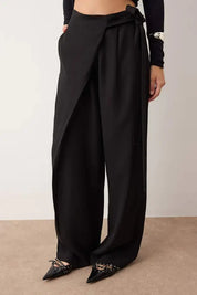 Black Tencel Wrap Wide-Leg Pants | Soft High-Waist Tailored Trousers | AtikaStyle