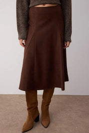 Brown Suede Midi Skirt | A‑Line Soft Suet Fabric | AtikaStyle