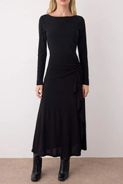 Black Ruffle Boat Neck Maxi Knit Dress | Flared Hem & Waist Tie | AtikaStyle