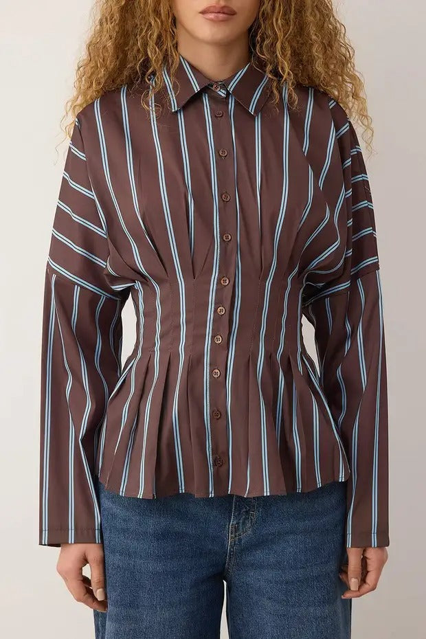 Brown & Blue Striped Corset-Waist Button-Up Blouse | Structured Tailored Fit | AtikaStyle