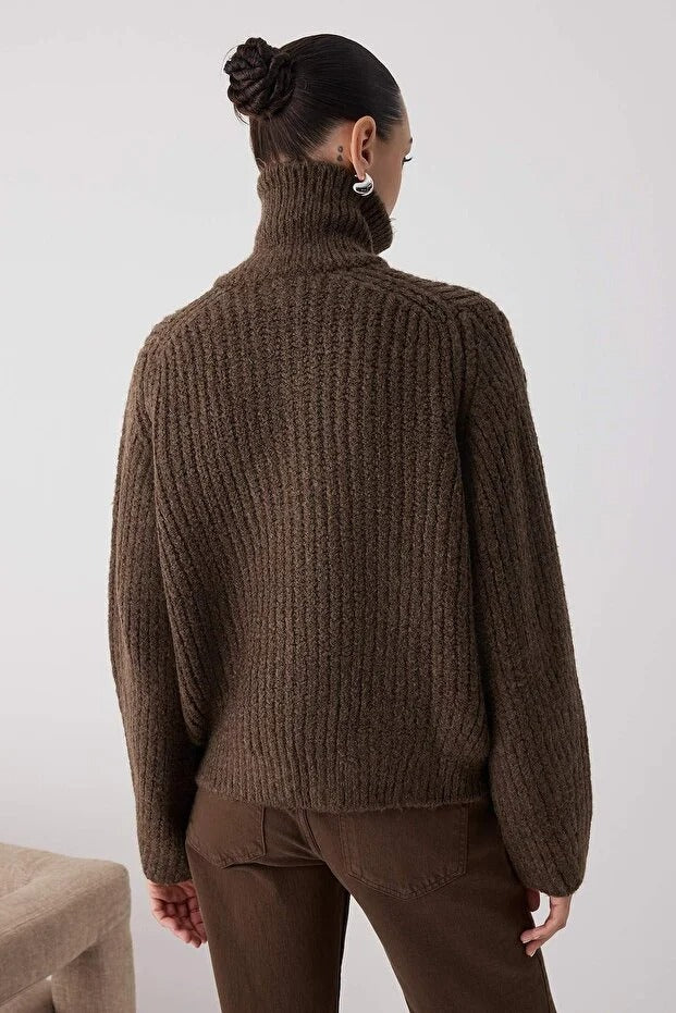 Soft brown knit cardigan close-up — AtikaStyle