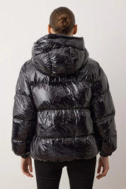 Black Oversized Shiny Hooded Puffer Coat | Water-Repellent Jacket | AtikaStyle