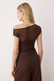 Dark Brown Off-Shoulder Tulle Top | Lined Long Sleeve | AtikaStyle