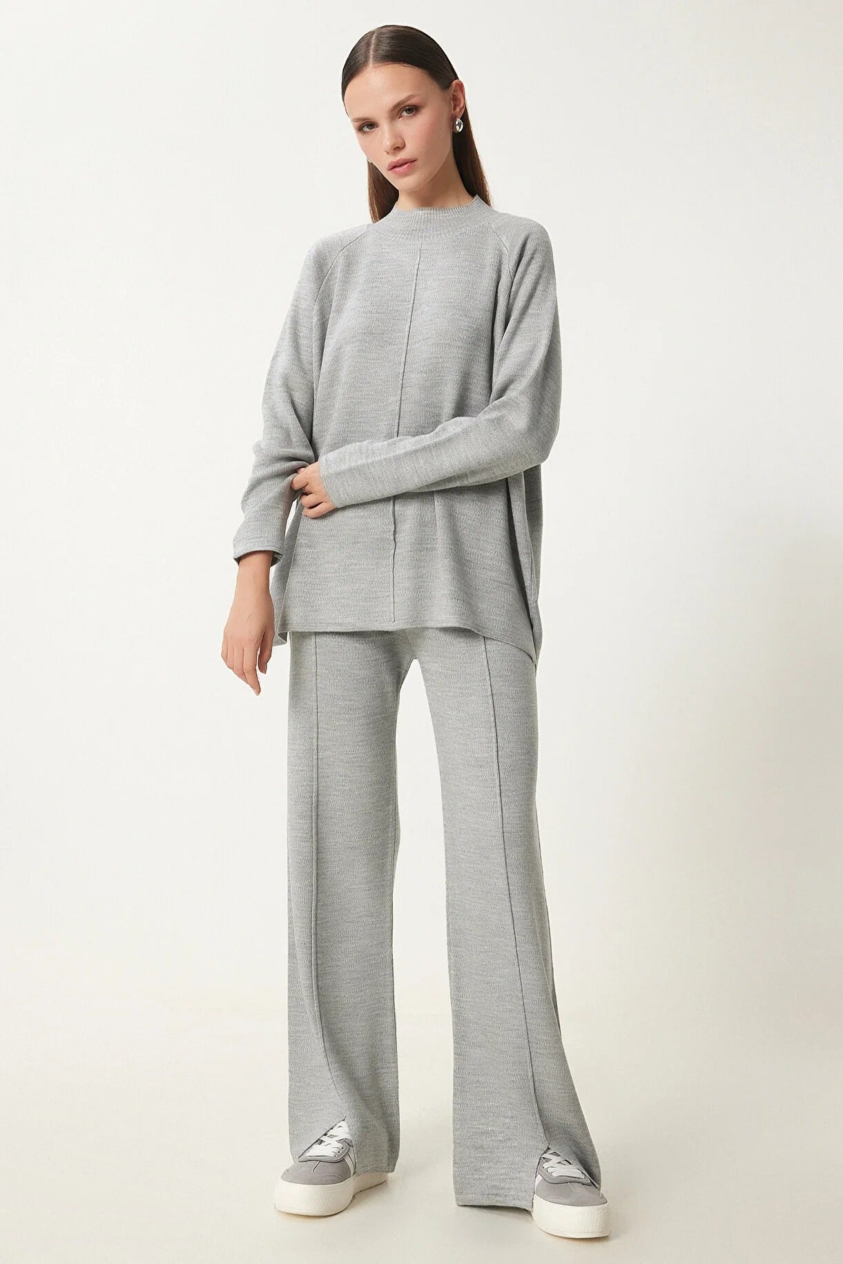 Light Grey Knit Sweater & Pants Set | Cozy Two‑Piece Lounge Co‑Ord | AtikaStyle