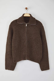 Brown Turkish knit zipper cardigan front view