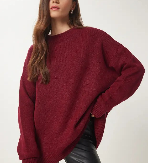 Burgundy Soft-Touch Knit Sweater | Crewneck, Drop-Shoulder, Stretch | AtikaStyle