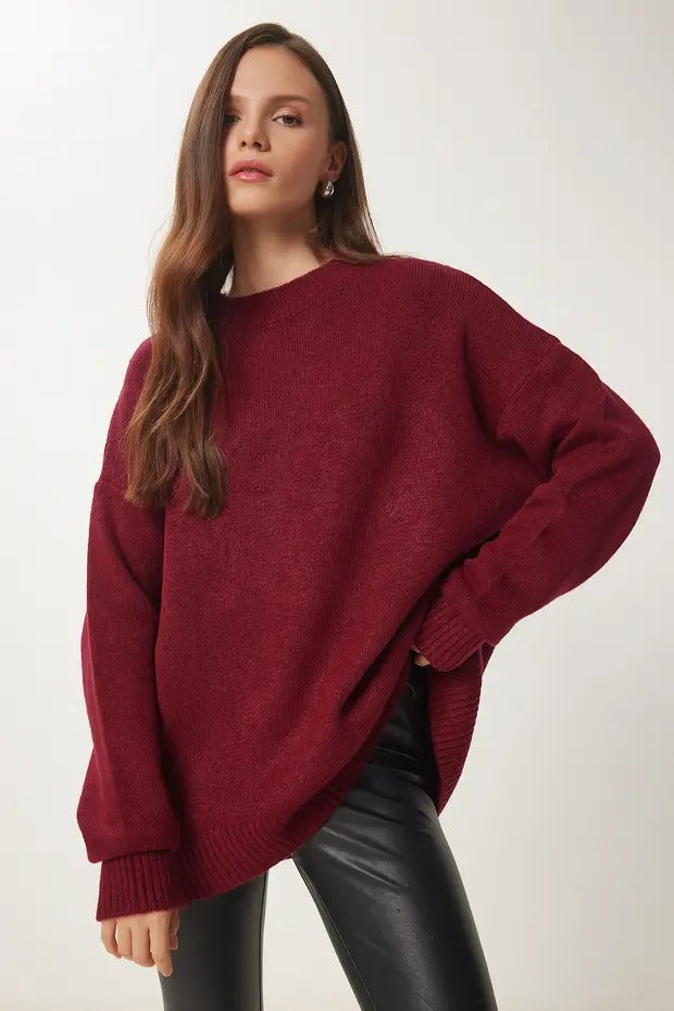 Burgundy Soft-Touch Knit Sweater | Crewneck, Drop-Shoulder, Stretch | AtikaStyle