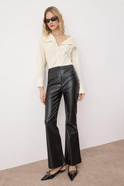Black Faux Leather Bootcut Pants | Flare Fit | AtikaStyle