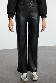 Black Faux Leather Flare Pants | Relaxed Seam Detail | AtikaStyle