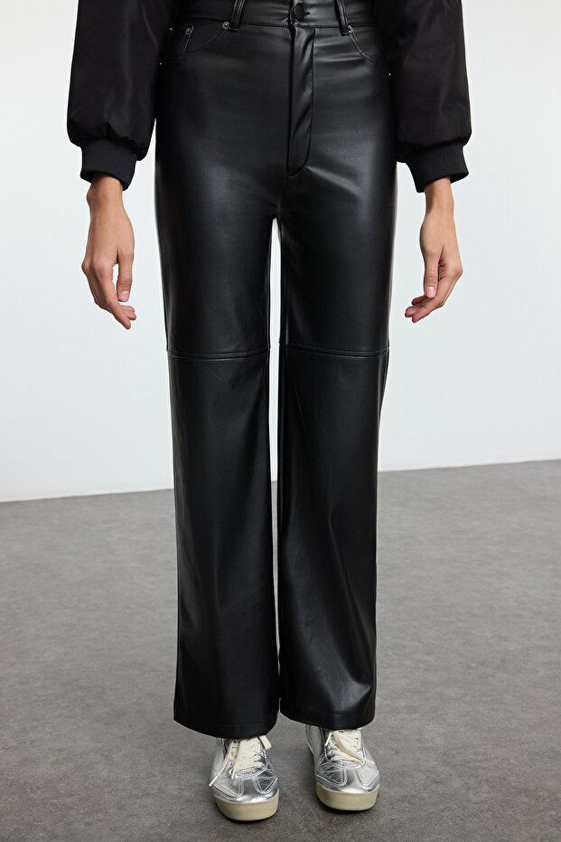 Black Faux Leather Flare Pants | Relaxed Seam Detail | AtikaStyle