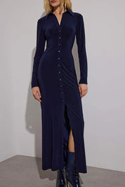 Sleek and sophisticated — this navy button-down maxi dress from AtikaStyle brings minimalist elegance to your everyday wardrobe.”