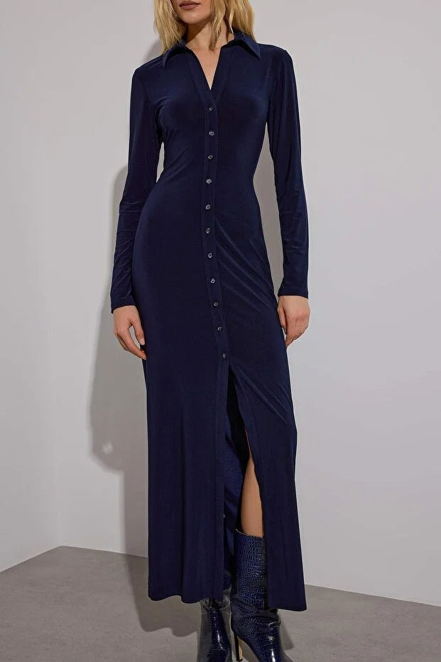 Sleek and sophisticated — this navy button-down maxi dress from AtikaStyle brings minimalist elegance to your everyday wardrobe.”
