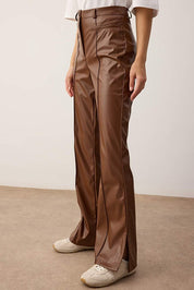 Brown Faux Leather Bootcut Pants | Flare Fit | AtikaStyle
