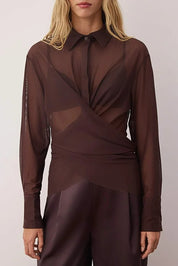 Chocolate Brown Sheer Wrap Mesh Blouse | Ruched Long Sleeve Evening Top | AtikaStyle