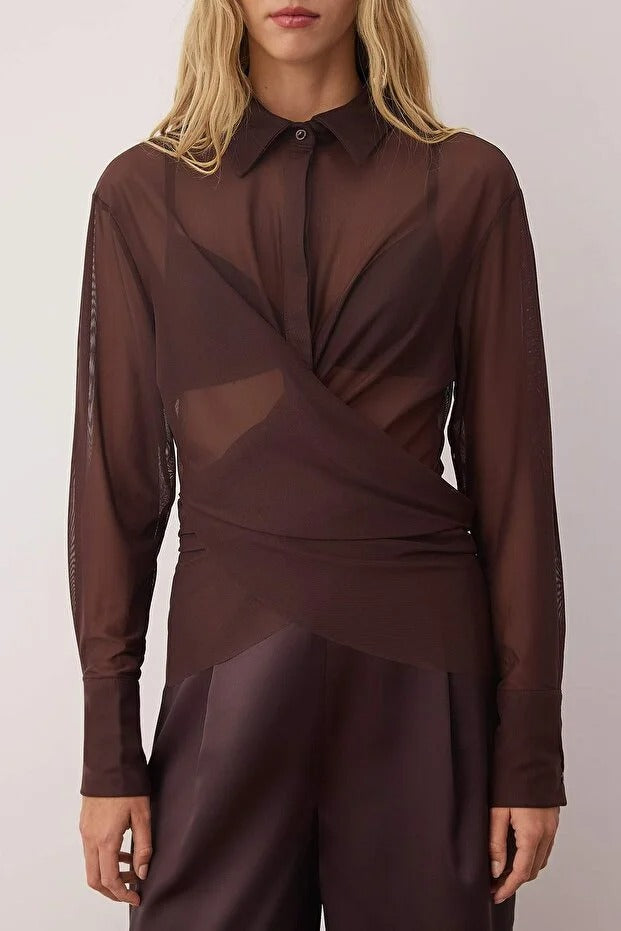 Chocolate Brown Sheer Wrap Mesh Blouse | Ruched Long Sleeve Evening Top | AtikaStyle