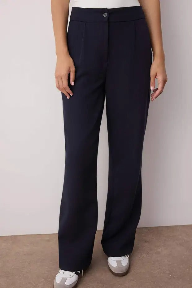 Navy Woven Wide Leg Pants | High Rise Pocket Detail | AtikaStyle