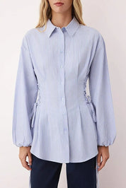 Blue Striped Adjustable-Waist Button-Up Shirt | Tailored Cinch Detail | AtikaStyle