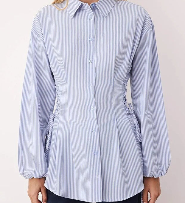 Blue Striped Adjustable-Waist Button-Up Shirt | Tailored Cinch Detail | AtikaStyle