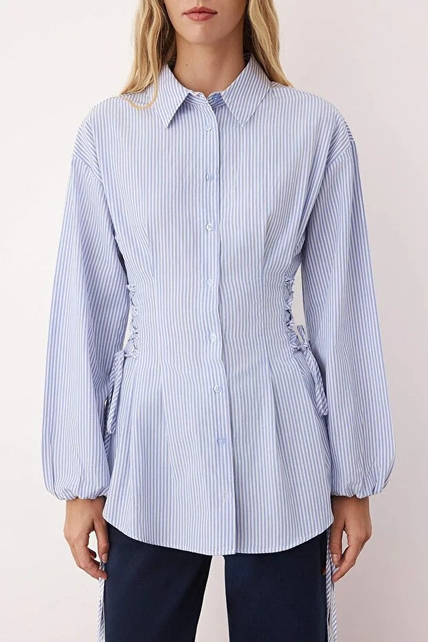Blue Striped Adjustable-Waist Button-Up Shirt | Tailored Cinch Detail | AtikaStyle
