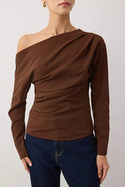 Dark Brown Drape‑Detail Asymmetrical Neck Knit Blouse | AtikaStyle