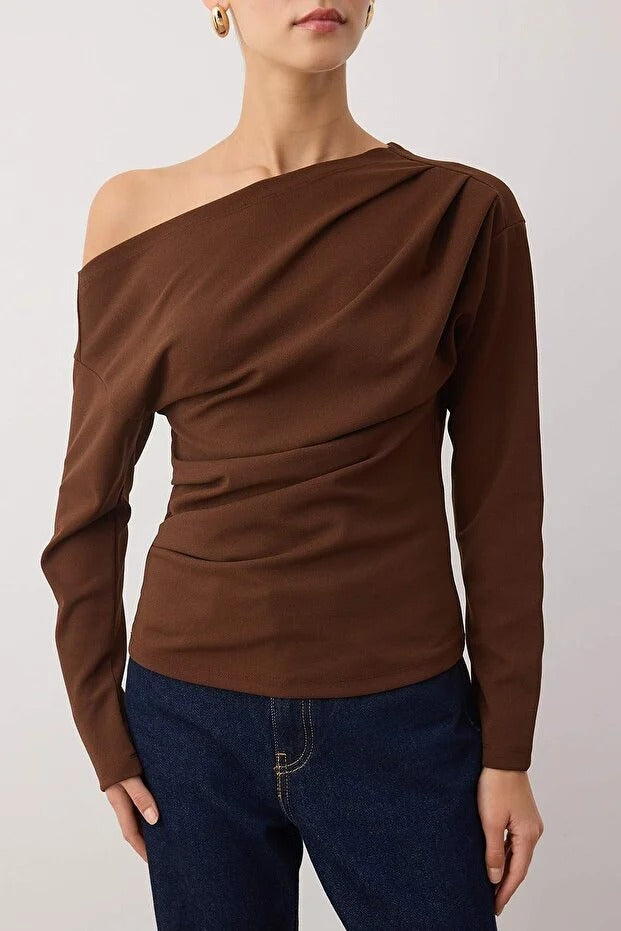 Dark Brown Drape‑Detail Asymmetrical Neck Knit Blouse | AtikaStyle