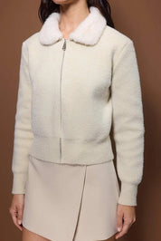 Ivory teddy zip jacket for women with soft fleece texture | AtikaStyle