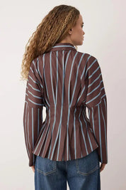 Brown & Blue Striped Corset-Waist Button-Up Blouse | Structured Tailored Fit | AtikaStyle