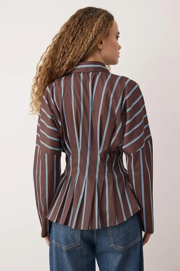Brown & Blue Striped Corset-Waist Button-Up Blouse | Structured Tailored Fit | AtikaStyle