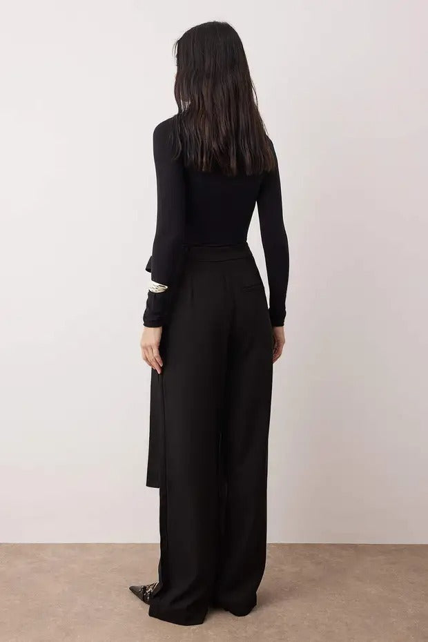 Black Tencel Wrap Wide-Leg Pants | Soft High-Waist Tailored Trousers | AtikaStyle