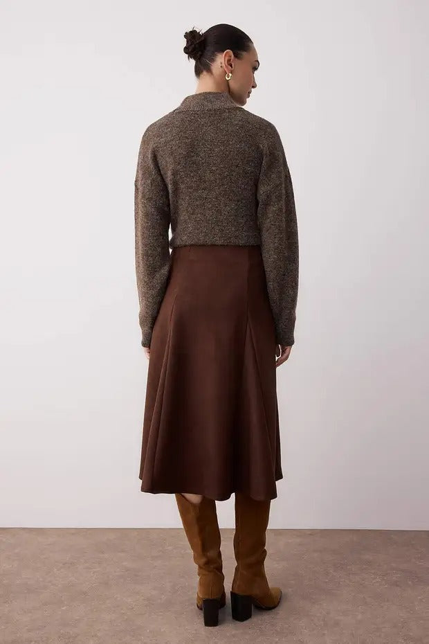 Brown Suede Midi Skirt | A‑Line Soft Suet Fabric | AtikaStyle