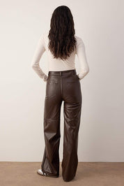 Brown Faux Leather Flare Pants | Relaxed Seam Detail | AtikaStyle