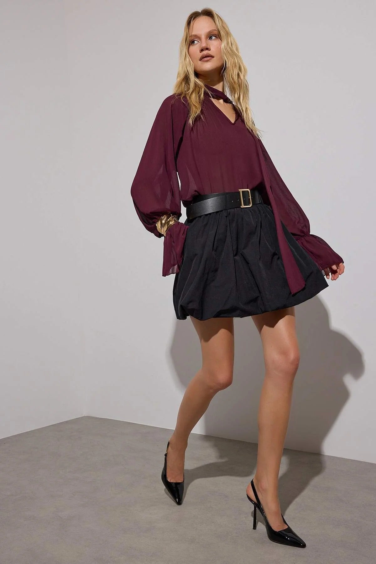 Dark Burgundy Halter Tie Sheer Party Blouse | Limited Edition | AtikaStyle