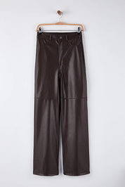 Brown Faux Leather Flare Pants | Relaxed Seam Detail | AtikaStyle