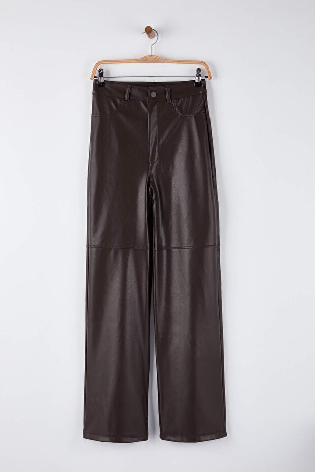 Brown Faux Leather Flare Pants | Relaxed Seam Detail | AtikaStyle