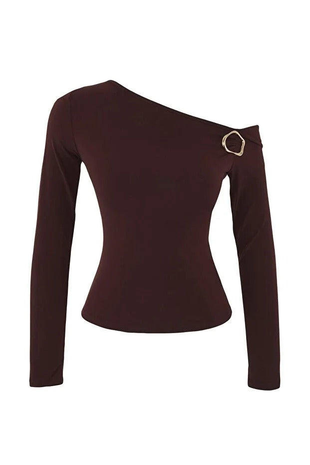 Brown long-sleeve top with a unique shoulder design on a white background