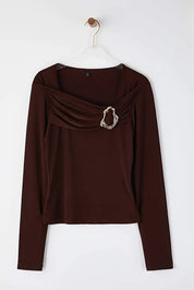 Brown Asymmetric Cut-Out Top | Fitted Long Sleeve | AtikaStyle