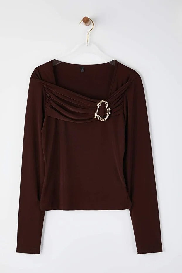 Brown Asymmetric Cut-Out Top | Fitted Long Sleeve | AtikaStyle