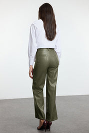 Khaki Faux Leather Flare Pants | Pocket Detail | AtikaStyle