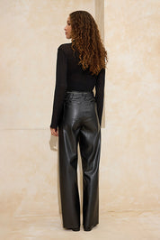 Black Faux Leather Straight Pants | Chain Belt Detail | AtikaStyle