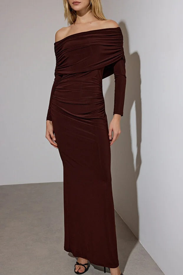 Chic, sleek, and sophisticated — this chocolate brown off-shoulder ruched maxi dress from AtikaStyle redefines elegance for your next night out.”
