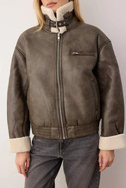 Olive Faux Leather Shearling Aviator Jacket | Oversized Winter Coat | AtikaStyle