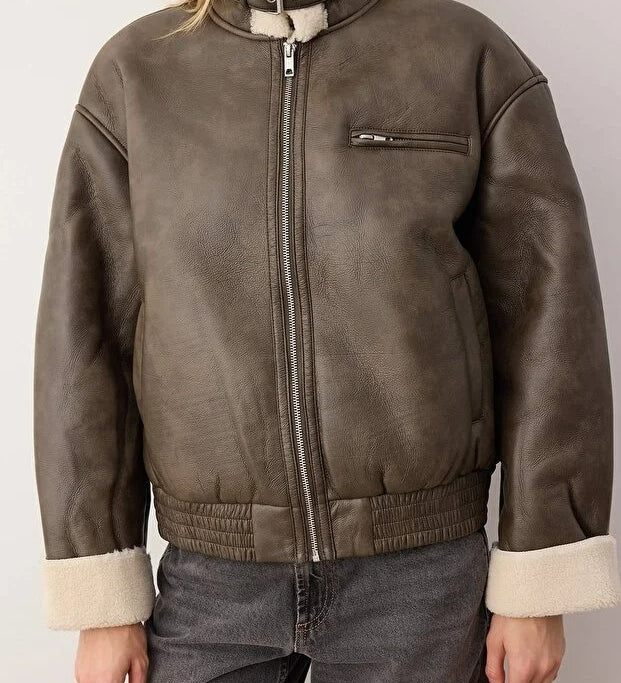 Olive Faux Leather Shearling Aviator Jacket | Oversized Winter Coat | AtikaStyle