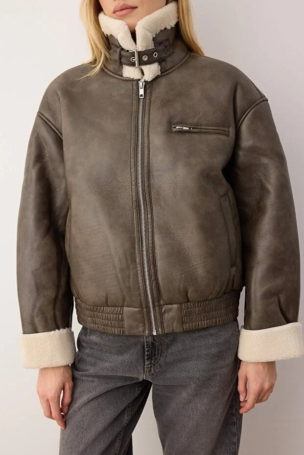 Olive Faux Leather Shearling Aviator Jacket | Oversized Winter Coat | AtikaStyle