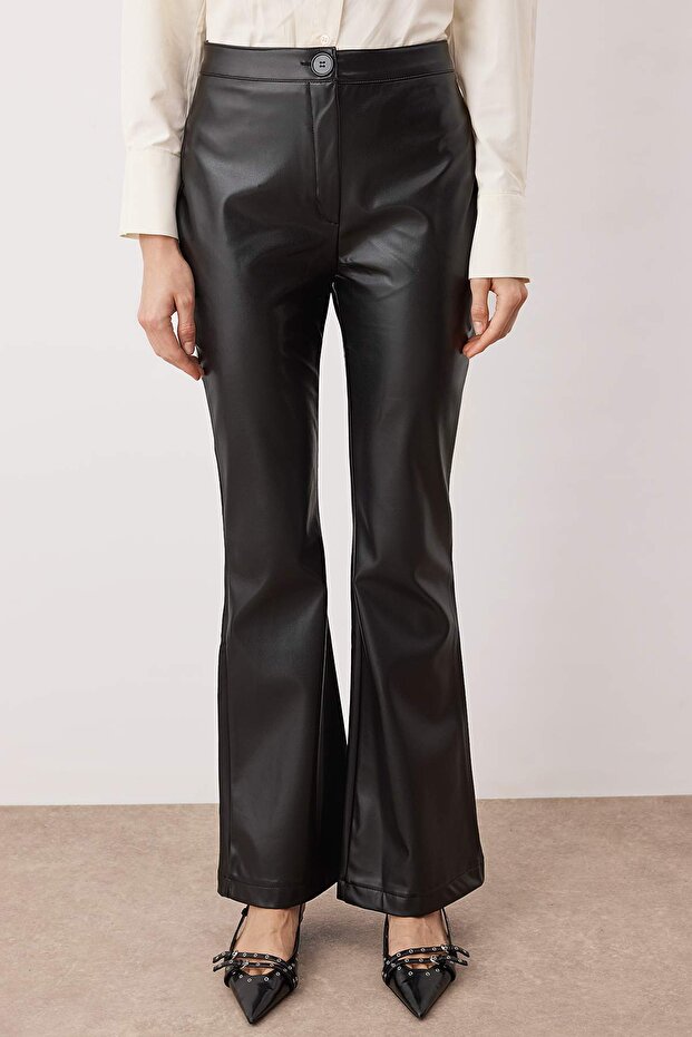 Black Faux Leather Bootcut Pants | Flare Fit | AtikaStyle
