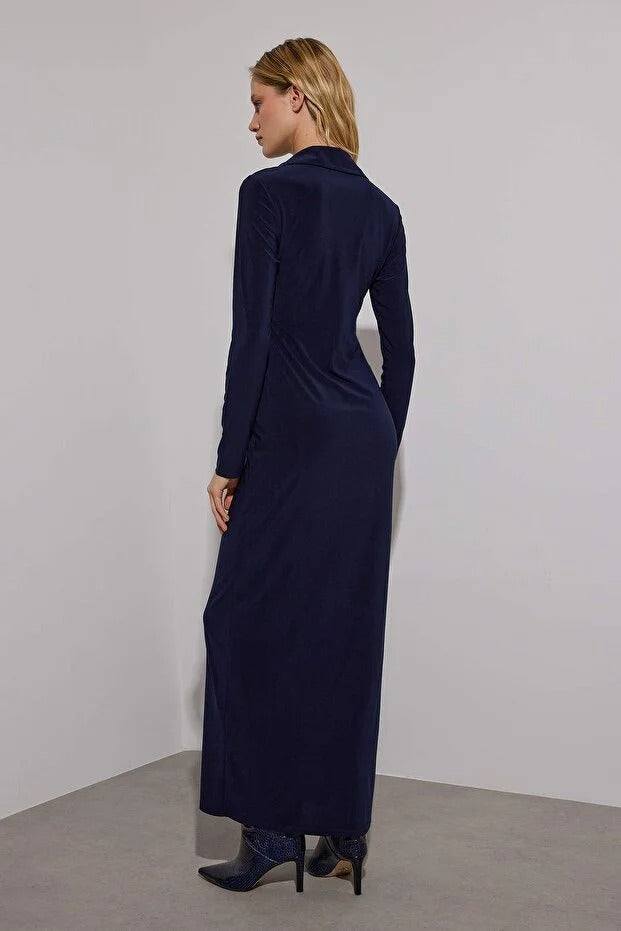 AtikaStyle, Button Down Dress, Navy Maxi Dress, Long Sleeve Dress, Front Slit Dress, Elegant Outfit, Minimalist Style, Workwear, Evening Dress, Everyday Chic, Made in Turkey, Fall Winter Collection

