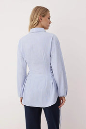 Blue Striped Adjustable-Waist Button-Up Shirt | Tailored Cinch Detail | AtikaStyle
