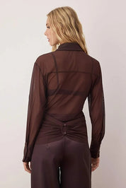 Chocolate Brown Sheer Wrap Mesh Blouse | Ruched Long Sleeve Evening Top | AtikaStyle